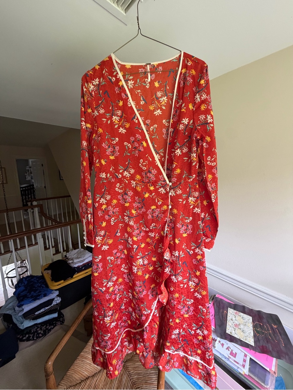 Free People Red Floral Wrap Robe with Cream Trim